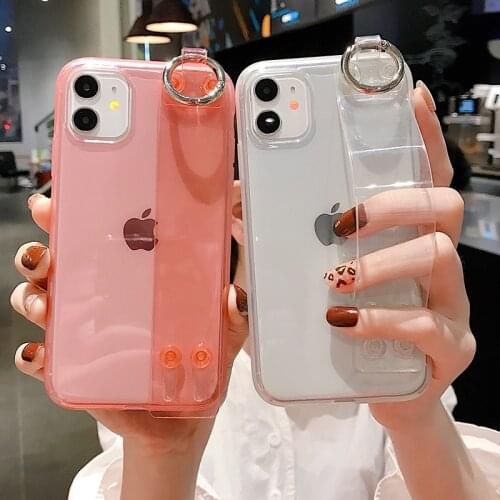 Hot Solid Color Clear Wristband Soft silicone phone case for apple iphone 12 X XR XS MAX 7 8 plus 11 Pro Holder Back cover coque