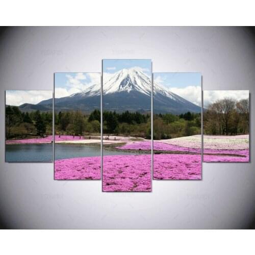 Gratis Verzending 5 Panelen Japan Mount Fuji Roze Bloemen Veld Landschap Doek Schilderen Modulaire Foto ny-1155