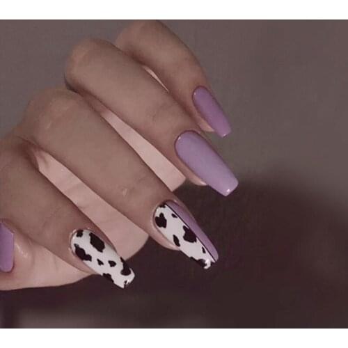 24pcs Artificial Nails With Glue Ballet Purple Leopard Print Wear Long Paragraph Fashion Manicure False Nails Wearable Nail D