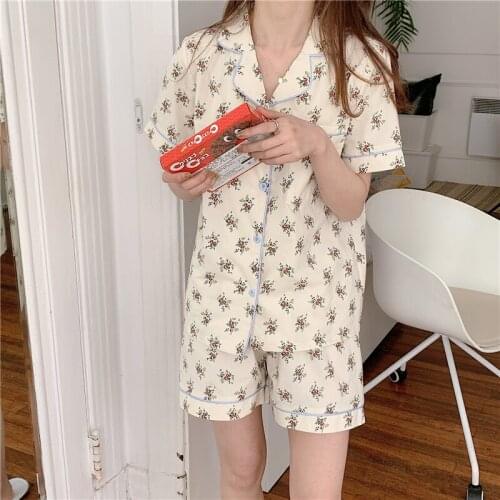 Summer soft Korea New Pyjamas Flowers Print Pajama Set Short Sleeve Top Shorts 2 Piece Set Sleepwear Womens Set Home Suit