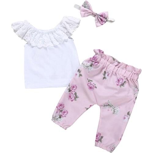 Summer Girl Clothes Lace Top T-Shirt+Floral Shorts+Hair Strap 3 Pieces Infant Set Childrens Wear For 0-1T