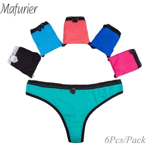 Mafurier Free Shipping 6Pcs/Lot Women Sexy Cotton Thongs Lady Comfortable G-String Tangas Female Fashion Lace Panties Underwear