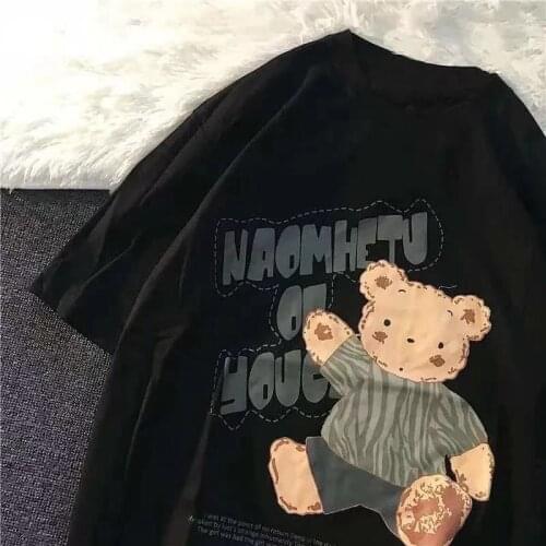 Cute bear Women T-shirts Short-sleeved printed shirt retro street fashion casual loose oversize men and women couples fashion