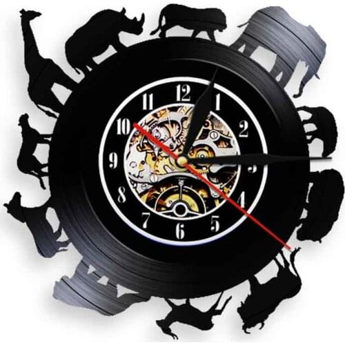African Animals In Circle Vinyl Record Wall Clock Safari Wildlife Nature Home Decor Silent Watch Retro Music CD Disc Wall Clock