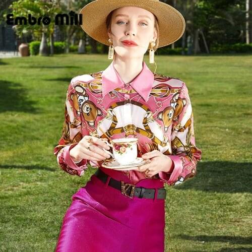 New Spring Female Fashion Love Elegant Two-Piece Printed Silk Shirt Top + High Waist Slim Skirt S-XL