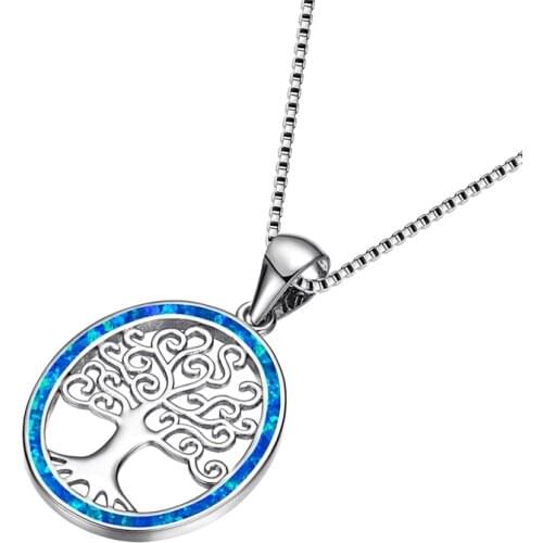 Blue White Opal Plant Necklace Charm Tree of Life Pendant Necklace Vintage Rose Gold Silver Color Chain Necklaces For Women Gift