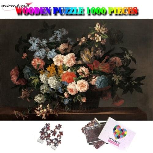 MOMEMO Still Life with Basket of Flowers Jigsaw Puzzle Adult 1000 Pieces Wooden Puzzles Kids Oil Painting Artistic Insight Toys