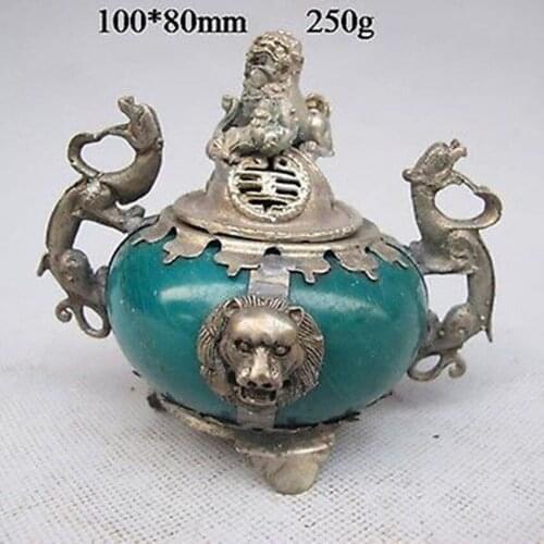 Crafts Arts Oriental Vintage Handwork Silver Jade Dragon Incense burner Garden Tibetan Silver Brass gift arts crafts decoration