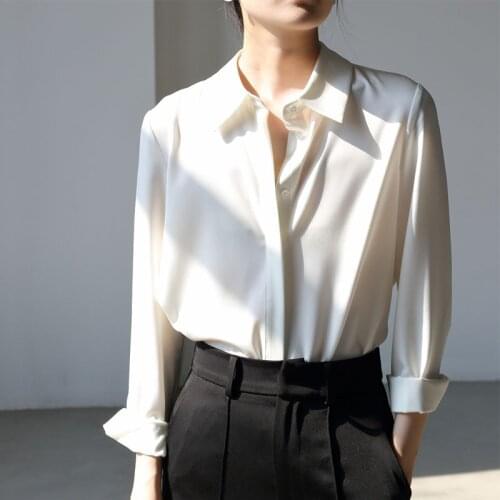 Shirt and Blouse 2020 White Long Sleeve Top Autumn Casual Chiffon Vintage Blusas Largas Solid Button Fashion Elegantes Lady 005