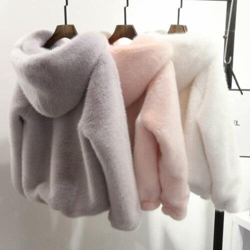 Winter Faux Mink Fur Coat Long Lantern Sleeved Women Fur Hooded Zipper Warm Fur Flocking Cardigan Tops Fluffy Jacket With Hat