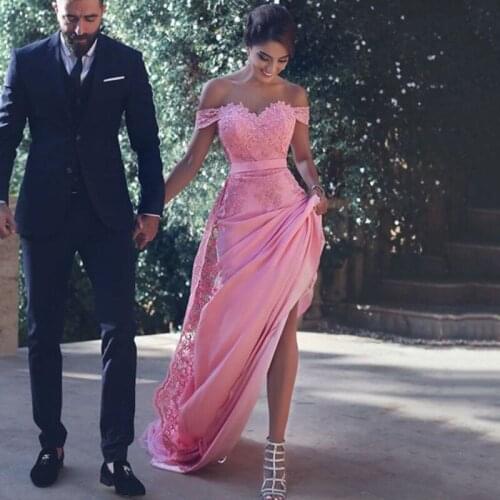 Shwaepepty Saudi Arabia Pink Engagement Dress Off Shoulder Lace Satin Mermaid Long Formal Evening Dresses Sexy Prom Party Gowns