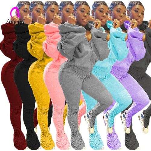 Tracksuit Women 2 Piece Set Draped Puff Sleeve Backless Hooded Top Slit Stacked Leggings Sweatpants Pants Matching Set Mujor
