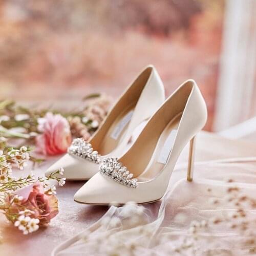 Wedding shoes women bride shoes evening dress rhinestone satin white crystal stiletto heels annual dinner shoes 2020 new