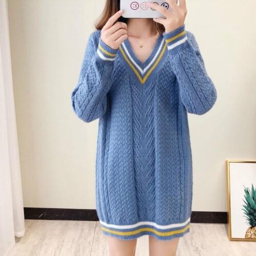 H9543 Korean V-collar Sweater Female Autumn Winter Long Sleeve Knitted Pullover Student Girl Warm Long Simple Bottom Jumper Tops