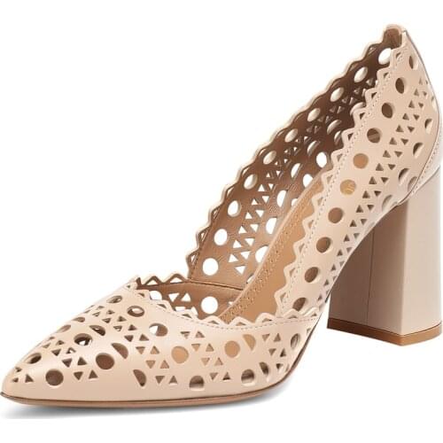 Handmade Hollow Leather Point Toe Pumps for Women Party Office Chunky Heel Womens Pumps Lace Khaki Thick Heel High Heels Summer