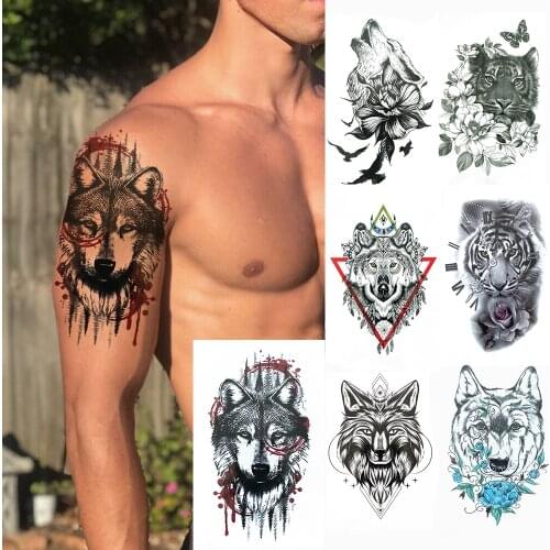 Spray Wolf Temporary Tattoos For Men Women Tiger Daisy Flower Tattoo Body Art Hand Geometric Coyote Henna Waterproof Tatoo Paper