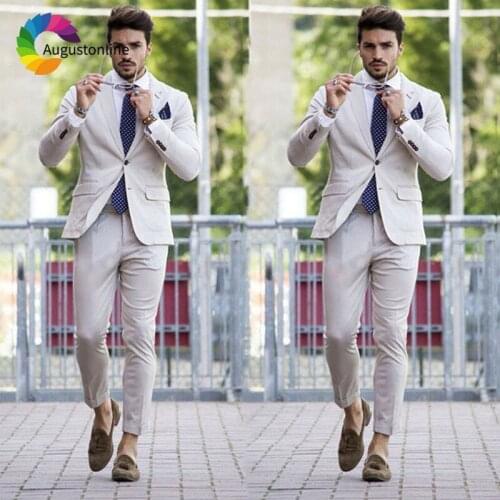 High Street Tailored Beige Men Suit with Pants 2Piece Best Man Blazers Jacket Slim Fit Groom Tuxedos Groomsmen Suits Costume