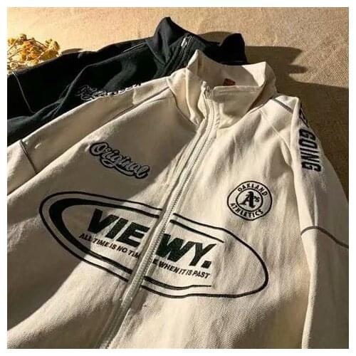 2021 Women Baseball Jacket Vintage Letters Print Pocket Harajuku Oversized Loose Outerwear Sweatshirt Streetwear Top Zip Hoodies