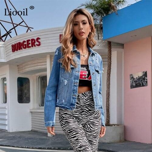 Liooil Blue Ripped Denim Jacket Women 2021 With Pocket Button Long Sleeve Washed Distressed Casual Loose Streetwear Vintage Coat