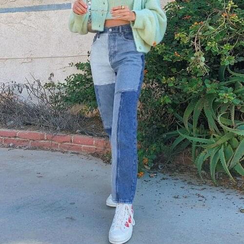 Woman High Waist Jeans Wide Leg Denim Blue Black Streetwear Vintage Patchwork Panelled Pockets Straight Pants Long Trousers 2021