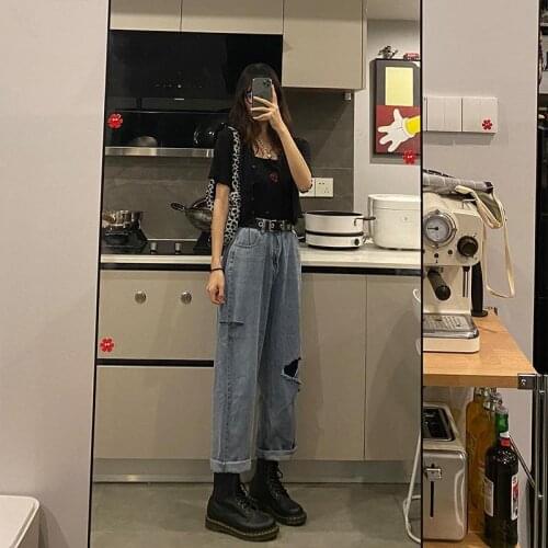 Large Size Ripped Jeans Womens Summer 2021 New High-waist Straight-leg Pants Loose Wide-leg Pants Super Stretchy Jeans