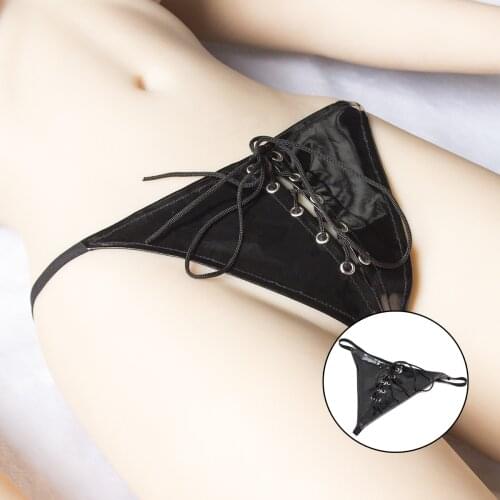 Womens Sexy Open Crotch Leather Panties Bandage Strap Thong For Sex Female Sexy Lingerie Latex Briefs T-Pants Exotic Underwear