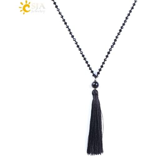 CSJA New Unique Long Tassel Necklace Natural Stone Crystal 4mm Small Beads Statement Necklaces Boho Jewelry Handmade Beaded F158