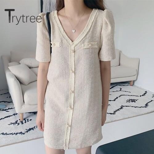 Trytree 2020 Summer Women Casual Dress V-neck Solid Pearls 2 Color Dress Fashion Tassel Elegant Temperament Mini Dress