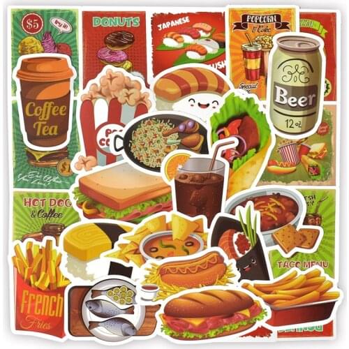 50pcs Food Drink Cute Stickers Hamburger Fried Chicken Pasta Graffiti Cartoon Anime Laptop Bicycle Guitar Skateboards Decorative