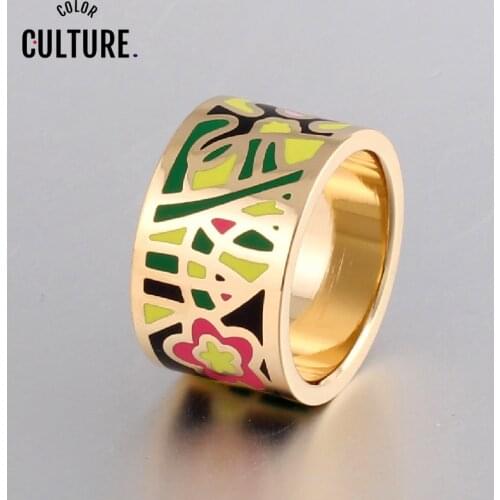 Promotions Hurry Flower Enamel Ring Gold-color Enamel Geometric Patterns Ring 1.3CM Big Rings for Women Ethnic jewelry