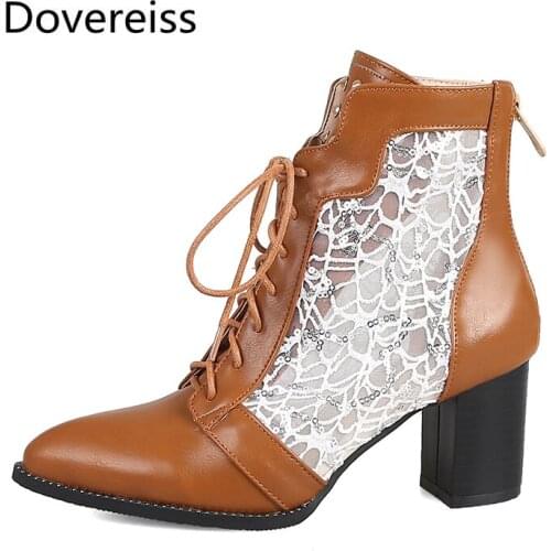 Dovereiss Fashion Womens Shoes summer Zipper brown Sexy Mesh Elegant Concise Mature Pointed toe Short boots big size 47 48