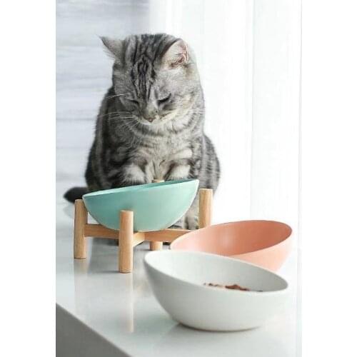 Oak frame ceramic pet bowl cat bowl dog bowl cat food basin protection cervical spine upper ceramic bowl cat food water bowl