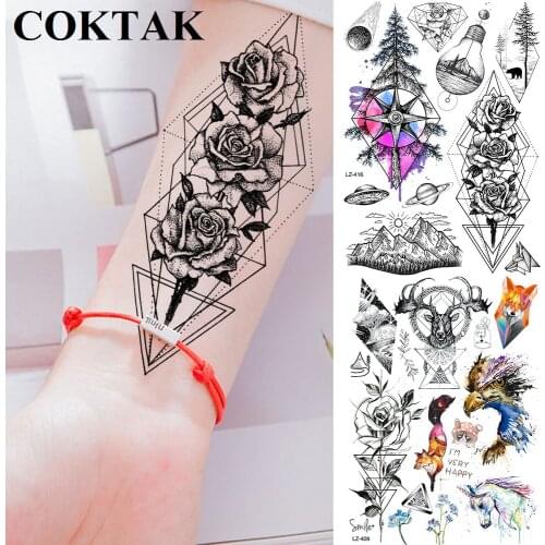 Geometric Flower Rose Tree Compass Black Hill Fake Tattoos Women Stickers Body Arm Hands Tattoo Temporary Men Planet Custom Tato
