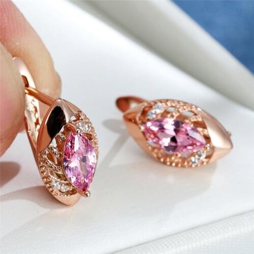 Geometric Crystal Multicolor Stone Earrings Elegant Pink Zircon Hoop Earrings Vintage Rose Gold Color Wedding Earrings For Women