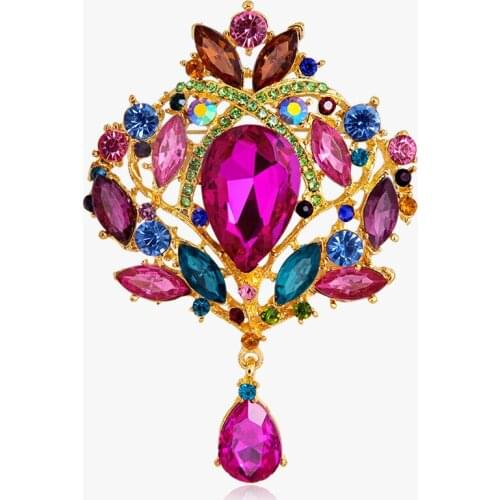 HC Multi-color Crystal Water Drop Brooches for Women Wedding Glass Brooch Pins Fashion Jewelry Coat Dress Corsage Flower Style T