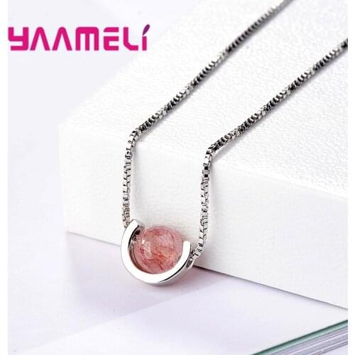 Top Brand Lovely Geometric Women Pendants Necklace 925 Sterling Silver Natural Stawberry Quartz Gemstone Fine Collar Ornaments