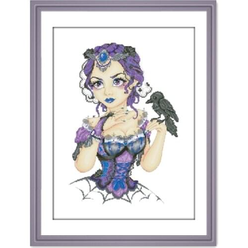 Witch and crow cross stitch kits aida fabric 18ct 14ct 11ct counted white cloth cotton thread embroidery handmade Folk Crafts