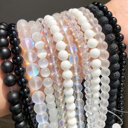 Natural Stone White Black Dull Polish Matte Agates Crystal Glass Smooth Round Beads for Jewelry Making DIY Bracelet 15" 4-12mm