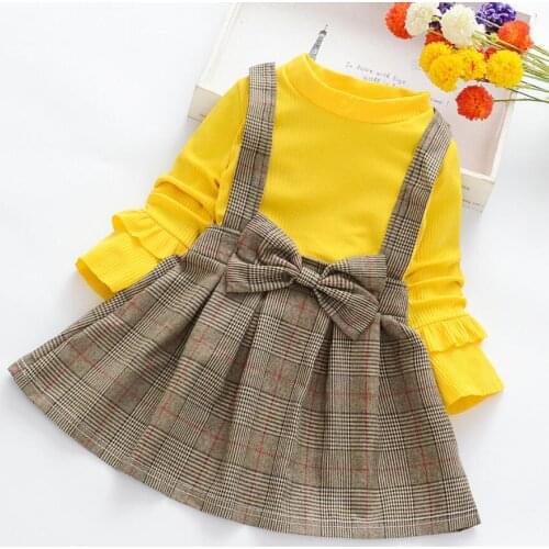 Toddler Baby Kids Dresses Lovely Girls Ruched Plaid Patchwork Strap Princess Party Autumn Long Sleeve Dress Roupa Menina 2-8 Yrs
