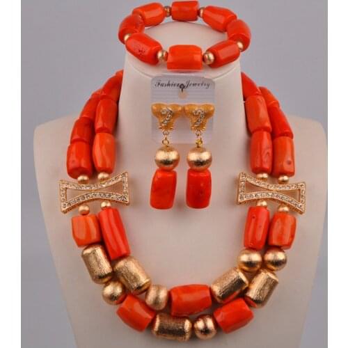 Orange Coral Beads Nigerian Wedding Coral Necklace African Jewelry Set 313-A01
