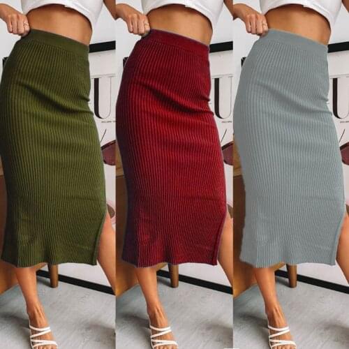 Autumn and Winter Solid Knitted Midi Skirt Retro Office Ladies Elegant and Chic A-line Skirt Sexy Slit Irregular Pencil Skirt OL