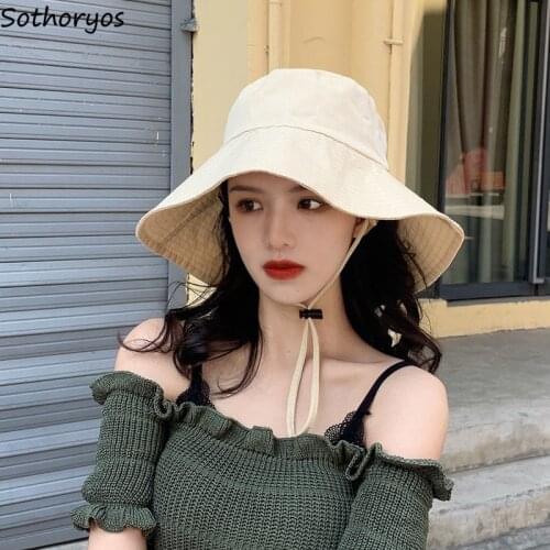 Sun Prevent Bucket Hats Women Trendy All-match Summer Big Brim Sunbonnet Female Solid Simple Holiday Beach Caps Ins Fashionable