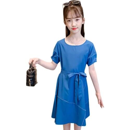 Girl Dress Solid Color Kids Party Dresses For Girls Casual Style Dress Kids Summer Childrens Clothing 6 8 10 12 14