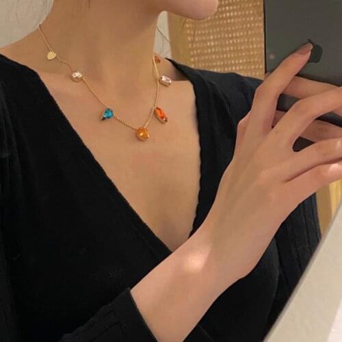 Transparent Water Drops Color Crystal Necklace South Korea Retro Fashion Elegant Temperament Collarbone Chain Women Jewelry