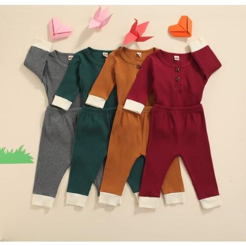 0-24M Toddler Kids Baby Girl Boy Ribbed Pullover Top Pants Trousers Autumn Winter Cotton Long Sleeve Outfit Clothes Set