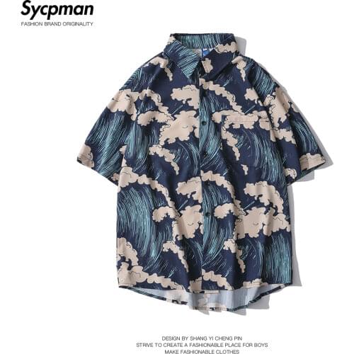 Mens short-sleeved shirt 2021 new summer loose casual button cardigan geometric creative printing lapel top