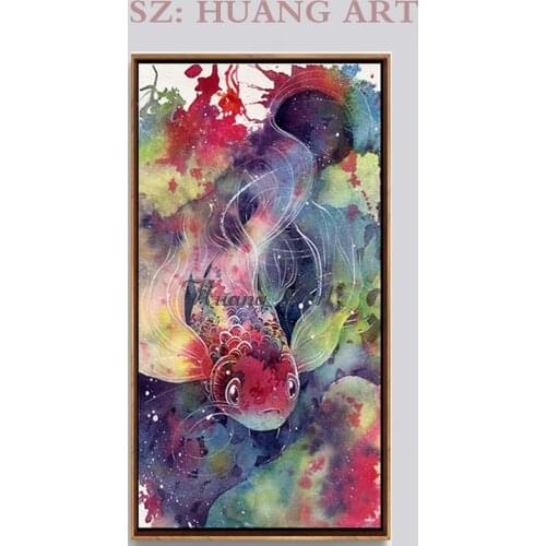 Hand Painted Cartoon Oil Painting On Canvas Modern Abstract Animal Wall Art For Home Decoration Red Yellow Green Fish Pictur