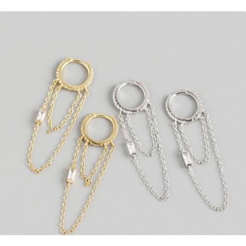 WTLTC 925 Sterling Sliver Long Link Chains Hoop Earrings Double Side Chain Tassel Earrings Fashion Design Hoops Earrings for Her