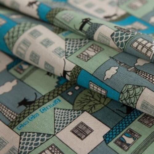 100x145cm Printed Houses Cotton Linen Fabric by meter for DIY Sewing Home Decor cotton fabric for bags tablecloth
