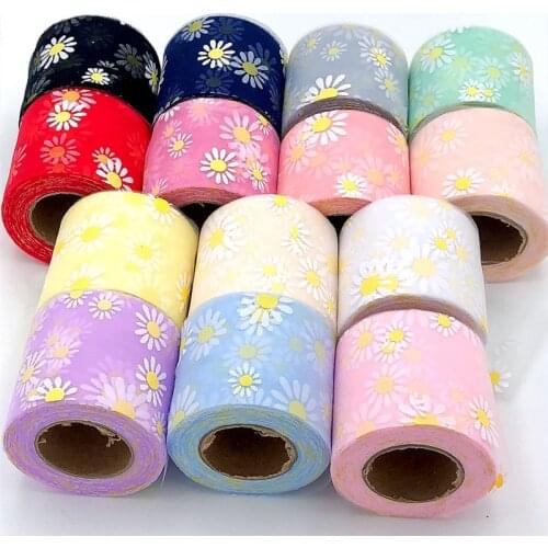 Daisy Flower Tulle Ribbon Roll 6cm for DIY Handmade Craft Hair Ornament Baking Decoration Sunflower Printed Mesh Fabric Supplies